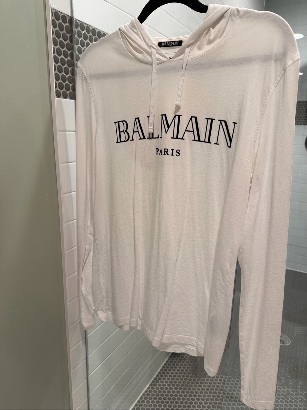 Balmain Paris Logo Print Lightweight Hoodie Long Sleeve T-Shirt White Men's Size